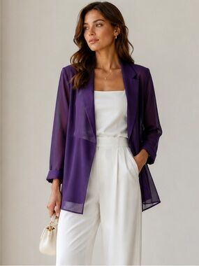 PENNINGTONS | Mix Fabric Sheer Solid Purple Open-Front Blazer Lightweight Jacket